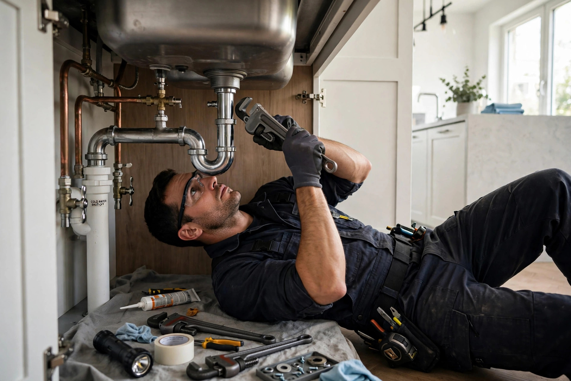 Klempner bei der Reparatur eines Küchenabflusses in Göttingen